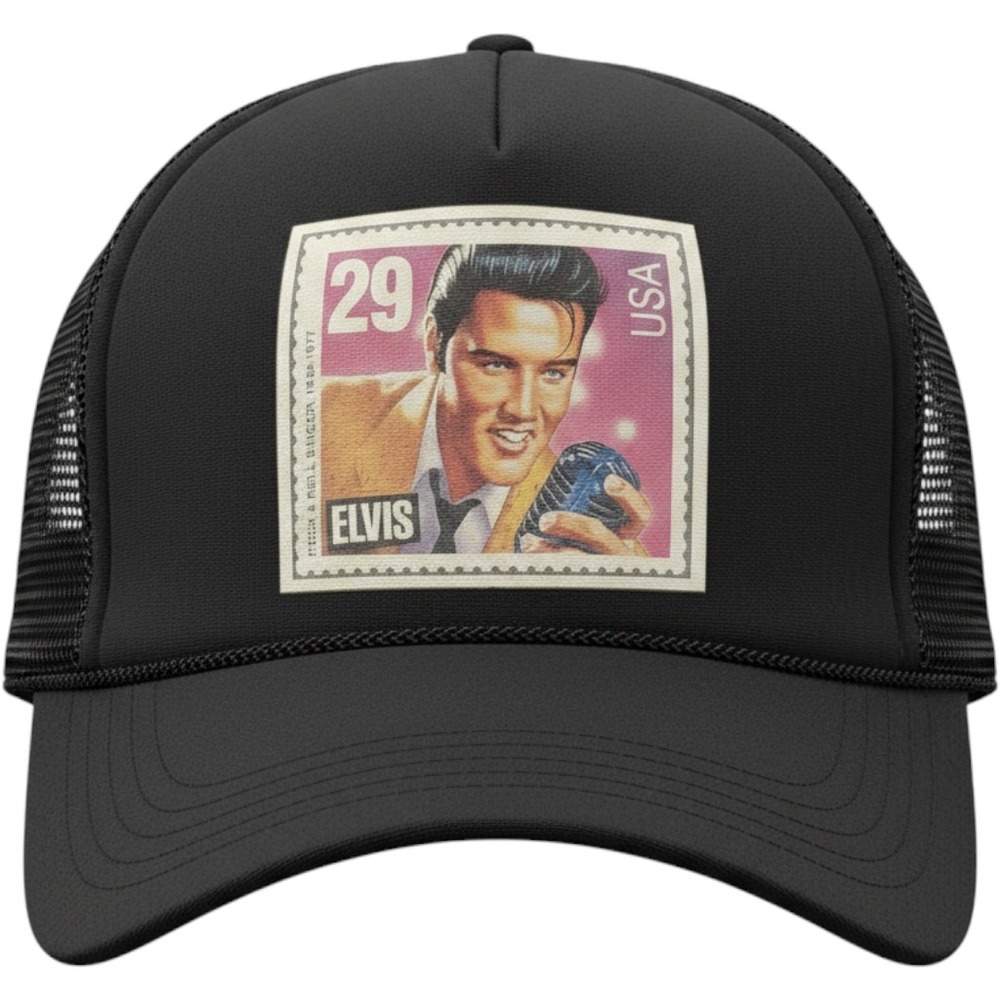 Vintage Elvis Postage Stamp Snapback Hat Ropeโ Trucker Black Logo Casual Music